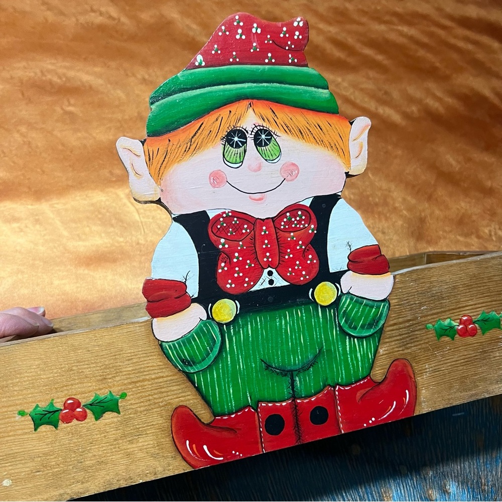 Vintage Hand Painted Wooden Christmas Elf Box Cardholder handmade 80s